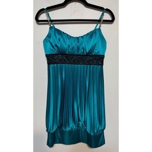 Vtg Y2K Teal Babydoll HOCO Cocktail Mini Dress Medium Coquette Glam Lace Pleated